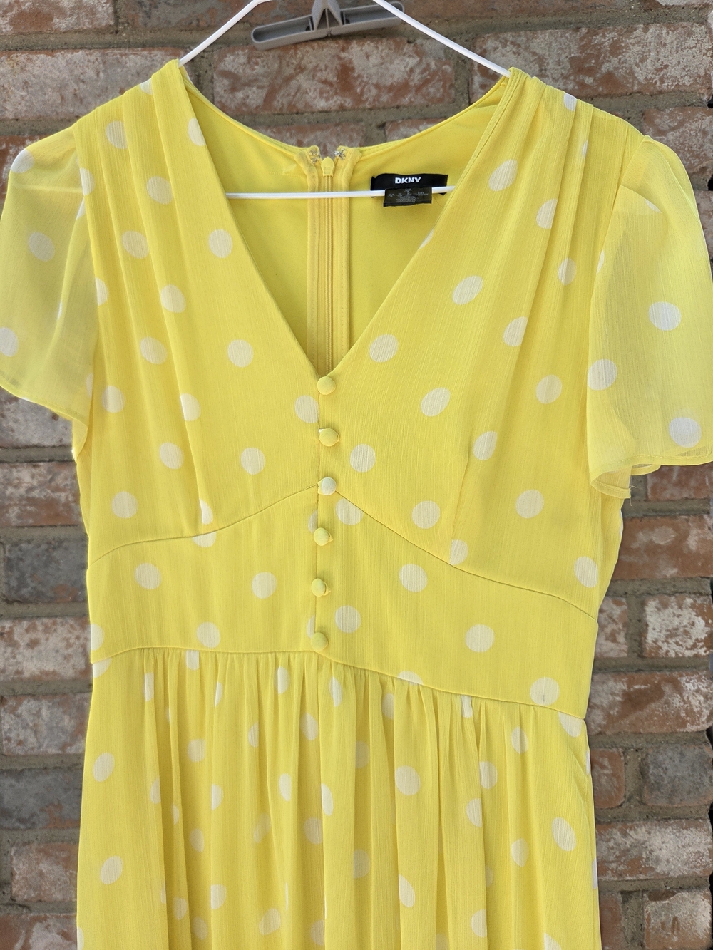 DKNY Yellow Polka Dot Chiffon Midi Vneck Size 6